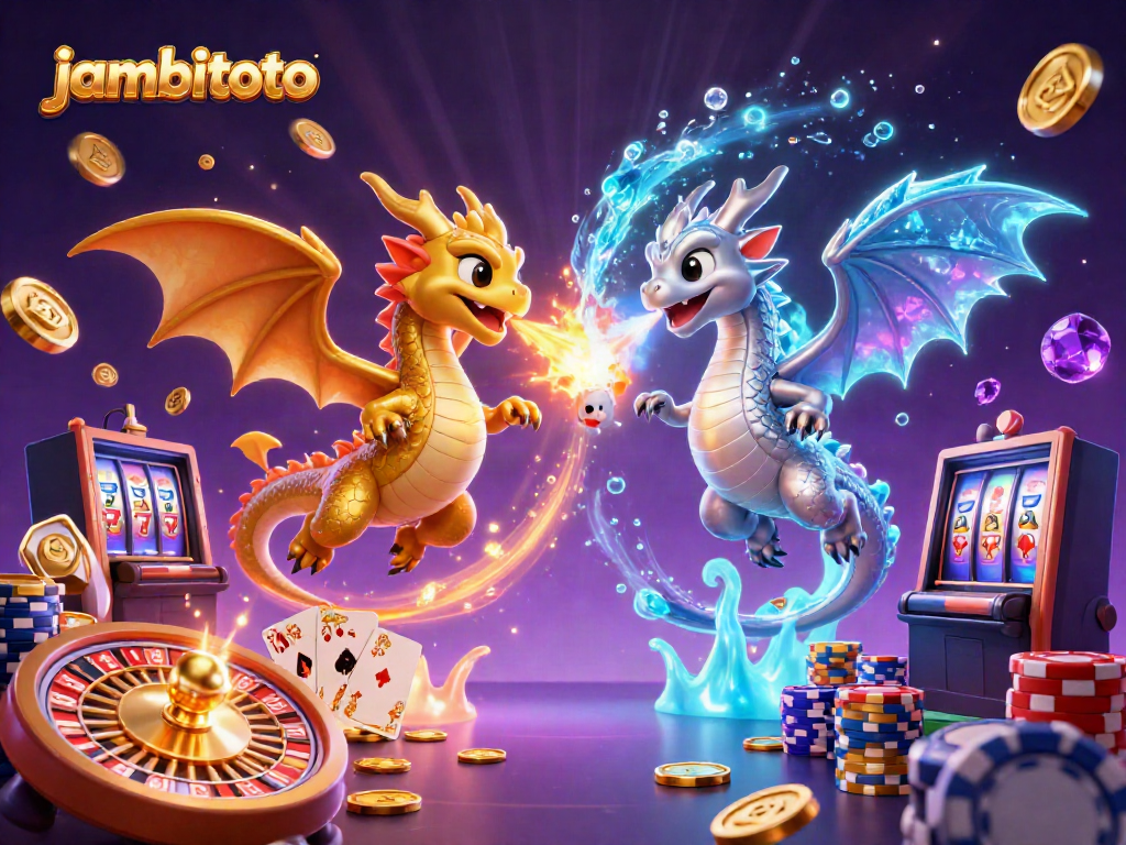Experience thrilling moments with jambitoto featuring gold and silver dragons in a dynamic casino scene.