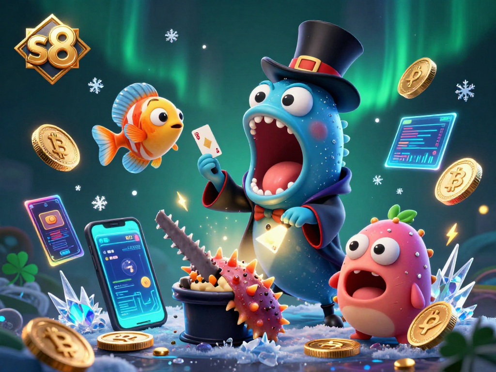 Engage with s8's thrilling magic as deep-sea characters perform incredible tricks in a vibrant casino scene.