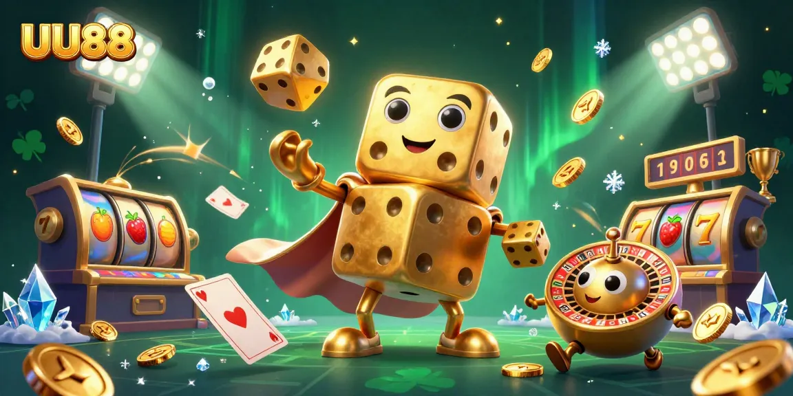 UU88 features a golden dice golem juggling smaller dice amidst slot elements and coins.