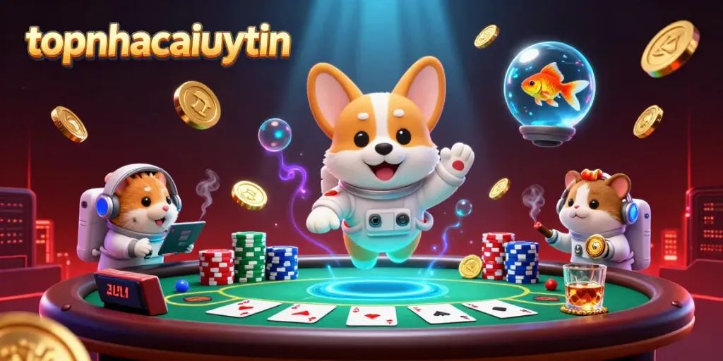 topnhacaiuytin brings excitement with a corgi astronaut in a vibrant casino scene