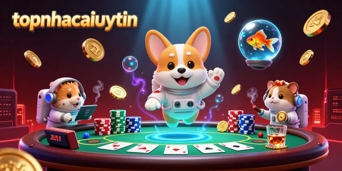 topnhacaiuytin brings excitement with a corgi astronaut in a vibrant casino scene
