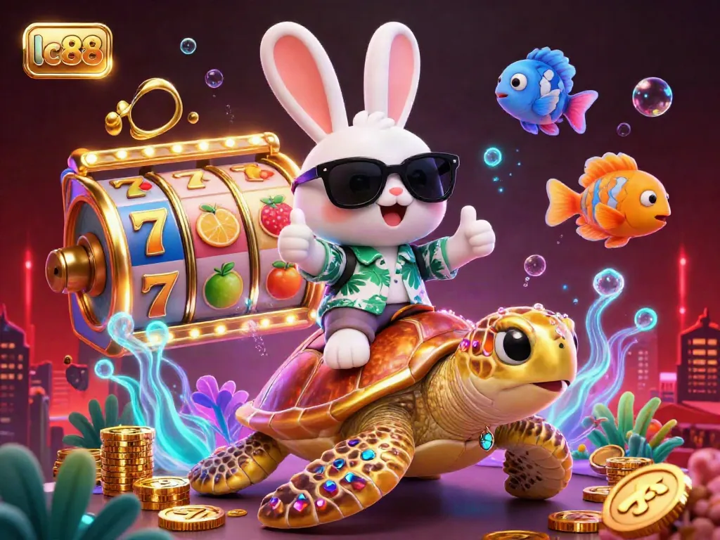 Experience lc88's vibrant casino atmosphere showcasing a lucky rabbit and a golden turtle amidst slot symbols and coins.