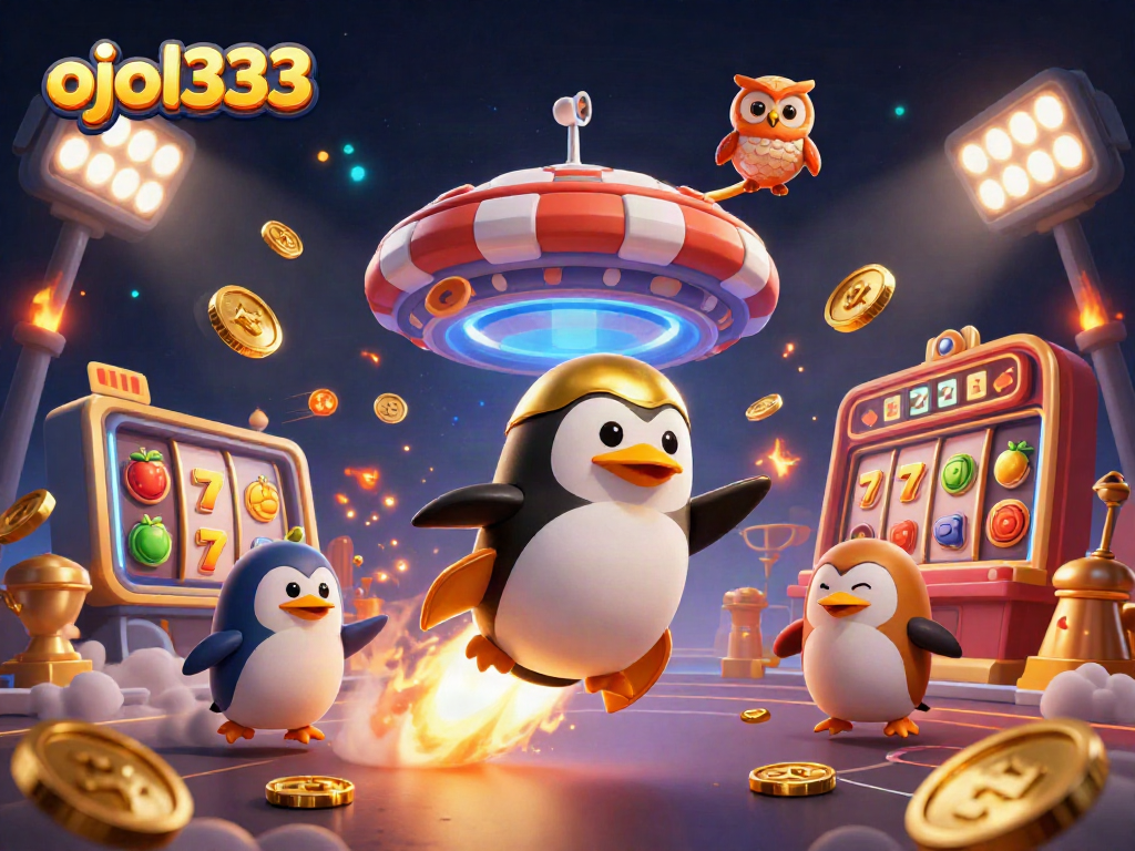 Engage with ojol333 in an explosive slot adventure featuring a golden penguin and vibrant game elements!