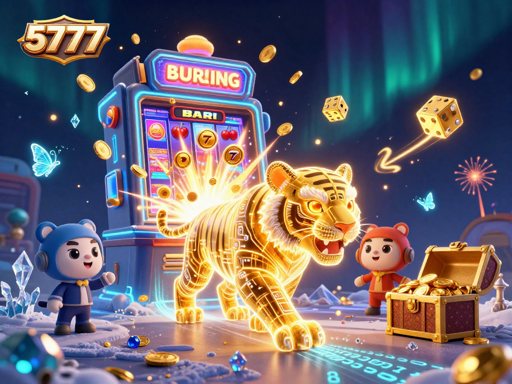 Win big at 5777's vibrant casino landscape featuring a golden tiger, jackpot slot machines, and more!