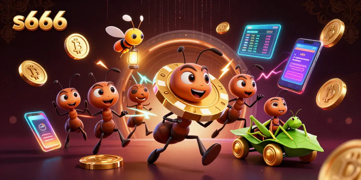 In a thrilling scene, s666's cartoon team of ants executes a heist with golden poker chips amidst vibrant gaming elements.