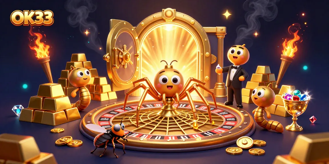 Experience OK33's thrilling bets with a golden spider and roulette wheel amidst sparkling treasures.