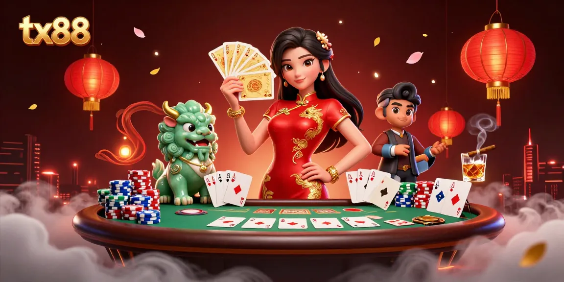 Engage with tx88 in this vibrant casino scene featuring a woman in qipao surrounded by dynamic gaming elements.