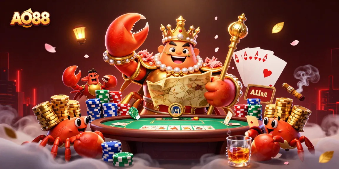 Experience the vibrant world of AO88 with a golden crab emperor and poker elements in play.