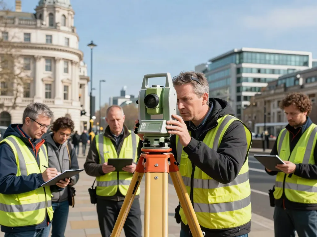 Professionals conducting a Topographical Survey London with advanced equipment amid urban London landmarks.