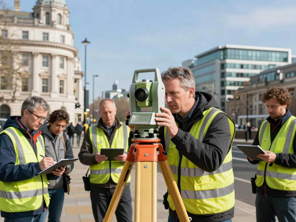 Professionals conducting a Topographical Survey London with advanced equipment amid urban London landmarks.