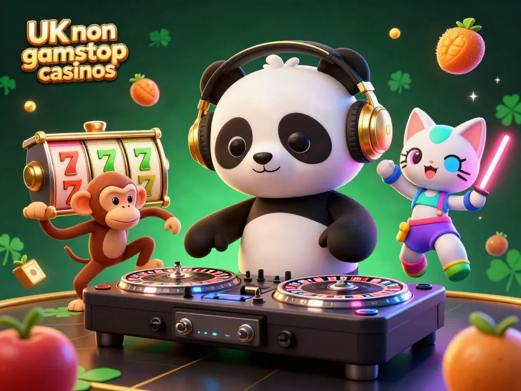 Engaging scene depicting UK non gamstop casinos with characters celebrating on the dance floor surrounded by vibrant casino elements.