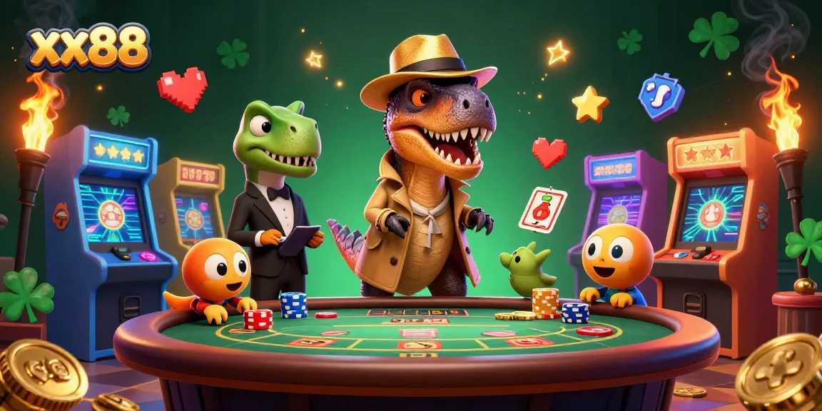 Engage with xx88 as the velociraptor card counter blends stealth at the blackjack table amidst a vibrant casino backdrop.
