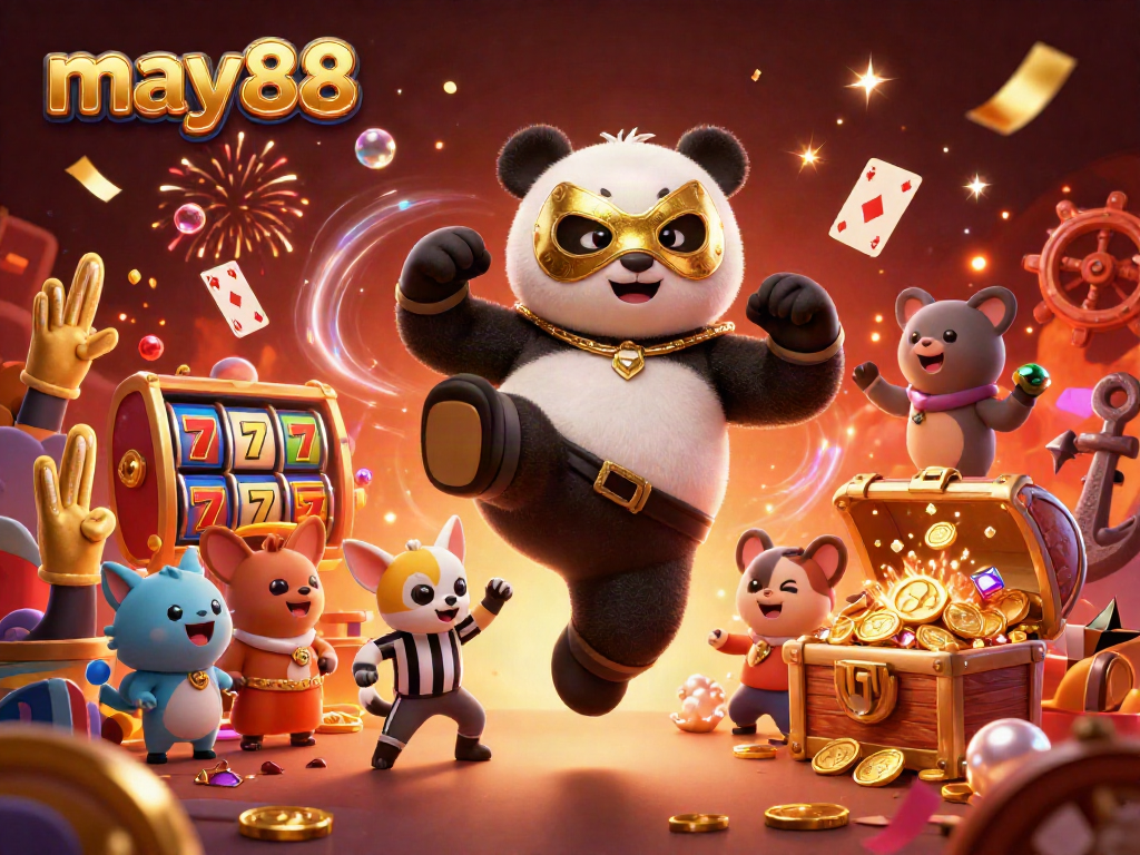 Experience thrilling gameplay with may88 as a panda wrestler delivers a flying kick amidst a festive casino atmosphere.