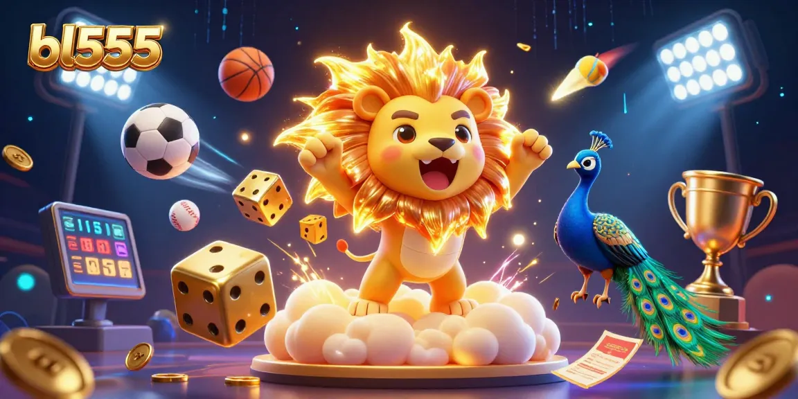 Engage in thrilling gaming action with bl555's vibrant 3D casino illustration featuring iconic lions and dynamic sports elements.
