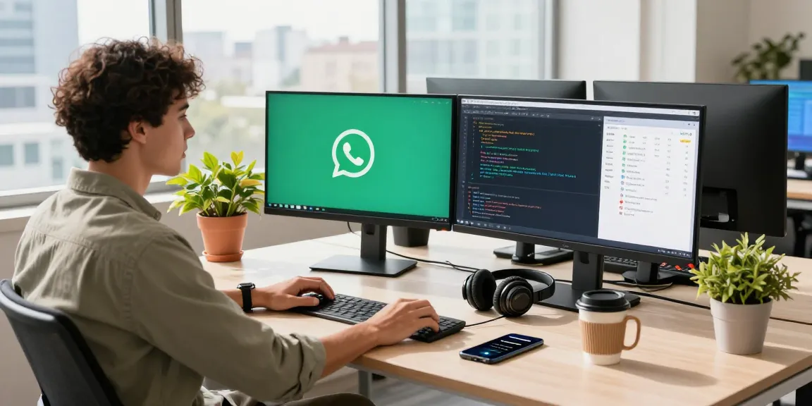 Workspace featuring WhatsApp下載 app interface on monitor, bright tech office atmosphere with professional dressed in stylish casual attire.