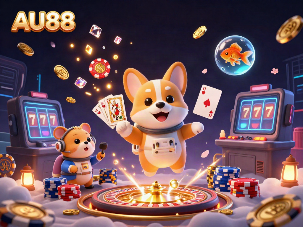 Experience thrilling action in AU88’s vibrant space casino with lucky slot machines and drifting coins.