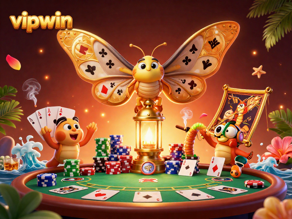 Experience the thrill of playing at vipwin with vibrant casino elements and a stunning digital moth illustration.