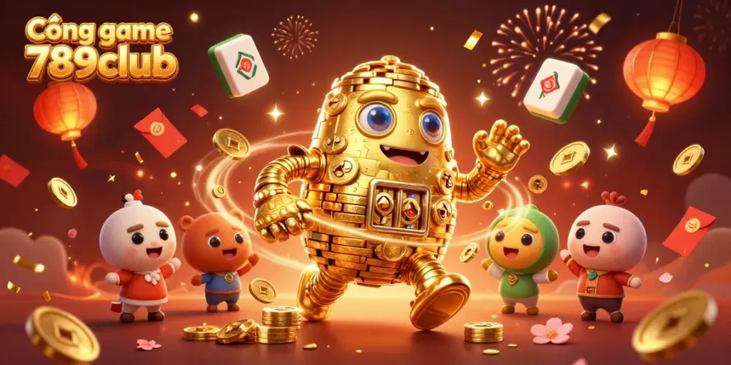 Cổng game 789club showcases an energetic 3D golden golem surrounded by casino elements, symbolizing fun and safety.