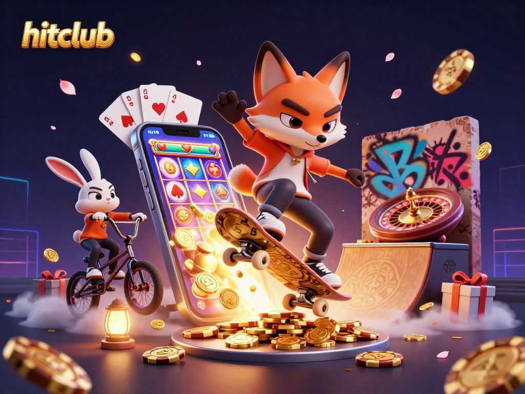 Hitclub illustration featuring a skateboarder fox and BMX rabbit in a vibrant casino scene.