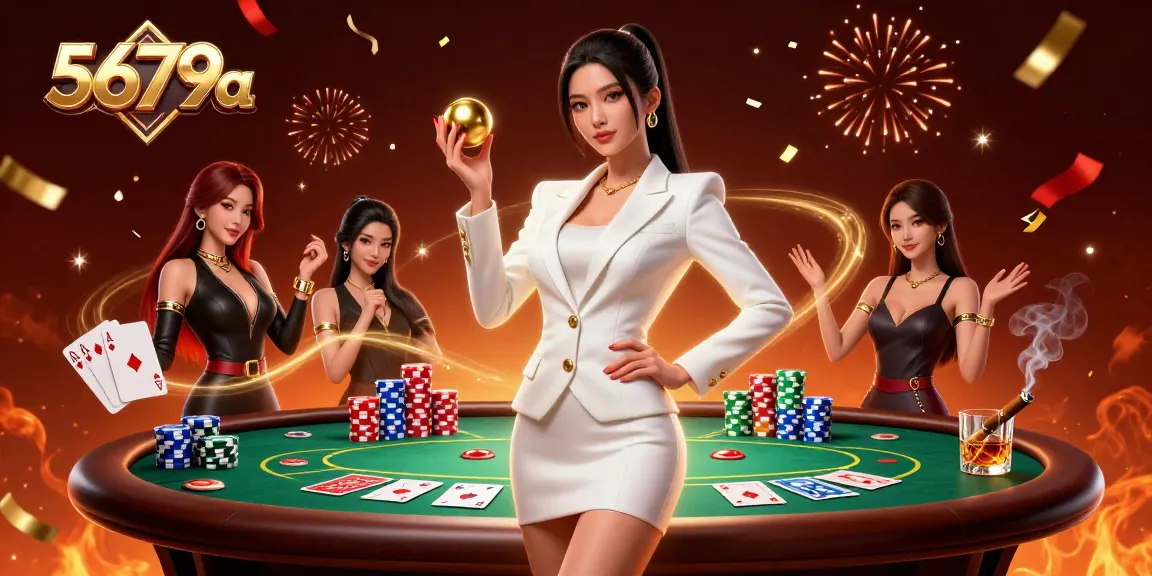Engage in action-packed gaming at 5679a with a vibrant casino scene filled with poker elements.