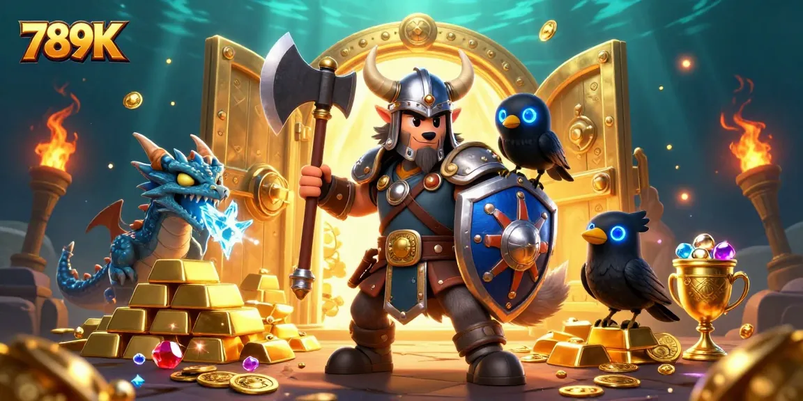 Play exciting games at 789K featuring a Viking wolf warrior, dragon, and treasure elements.