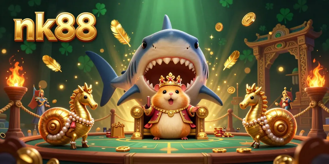 Enter the thrilling world of nk88 with a hamster king ruling from a megalodon throne amidst vibrant casino elements.