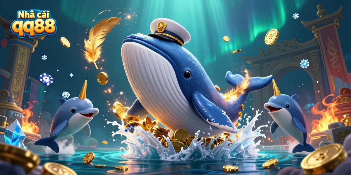 Join Nhà cái qq88 in a vibrant scene of animated characters celebrating a casino atmosphere with coins and games.