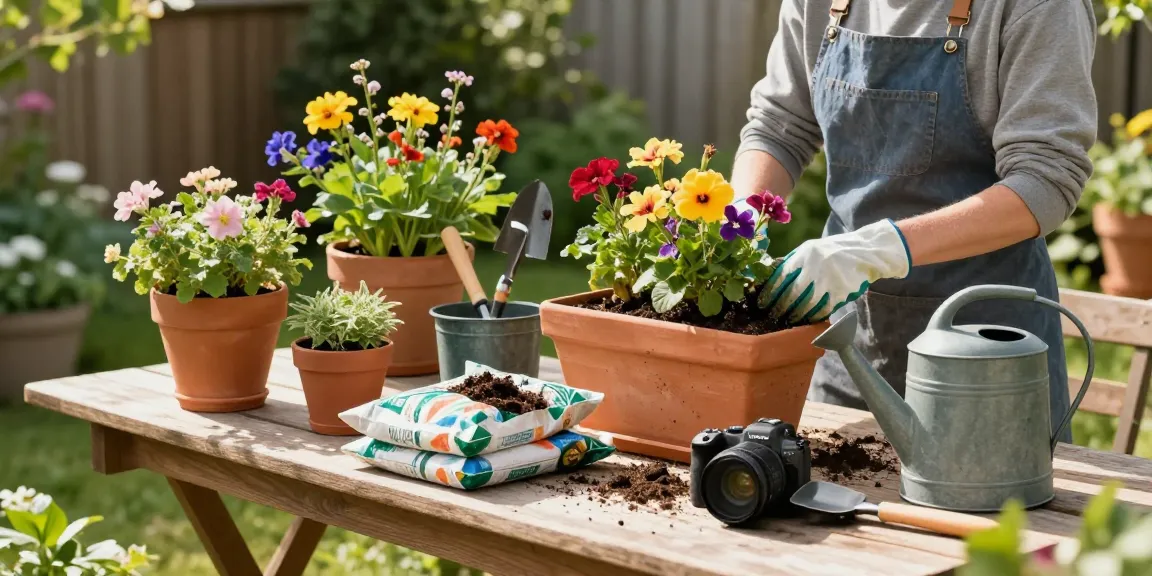 Colorful garden plant pots for outdoor use with flowers being potted in a sunny backyard.