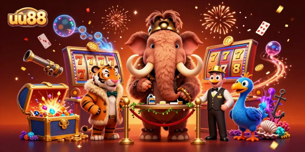 Experience the excitement of uu88's vibrant casino world with our dynamic characters and slot elements!