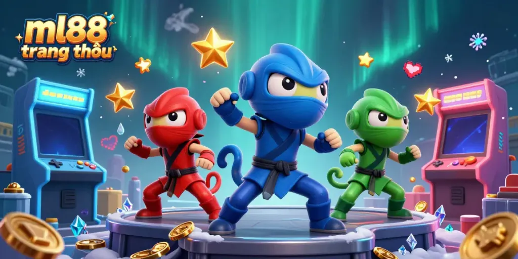 Engage in exciting gameplay at ml88 trang chủ, featuring a colorful casino scene with cartoon ninjas and arcade games.