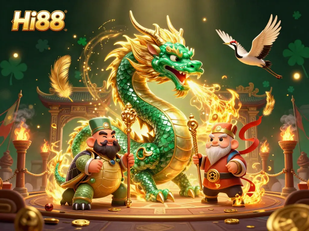Engage in thrilling gameplay at Hi88, where a jade dragon and turtle sage symbolize luck and fortune.