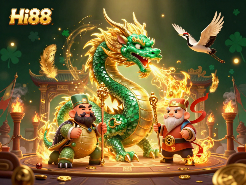 Engage in thrilling gameplay at Hi88, where a jade dragon and turtle sage symbolize luck and fortune.