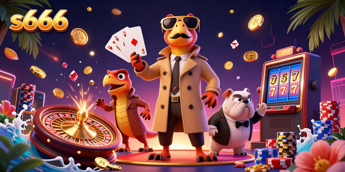 S666 raptors humorously disguised to enter a VIP casino lounge, dazzling with casino elements and golden coins.
