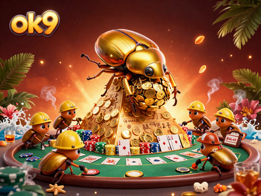 Experience the thrill of ok9 as a golden dung beetle rolls coins in this vibrant casino scene.