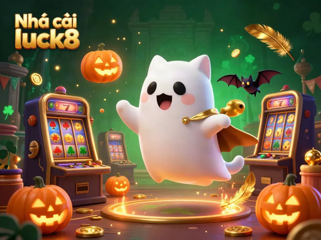 Experience lucky wins at Nhà cái luck8 with a playful ghost cat in a vibrant casino scenario.