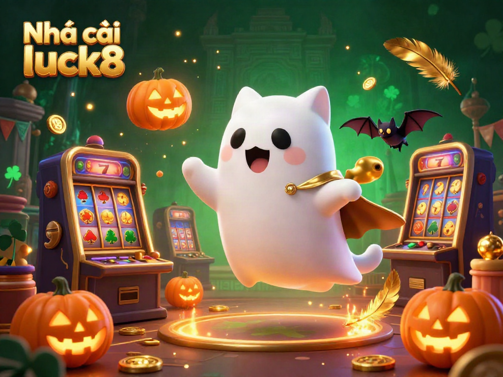 Experience lucky wins at Nhà cái luck8 with a playful ghost cat in a vibrant casino scenario.