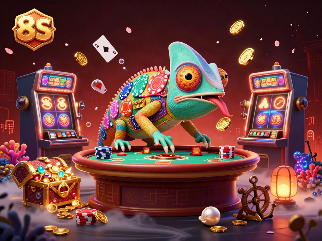 Engage in thrilling gameplay adventures with 8S at the colorful casino scene featuring slot machines and captivating treasures.
