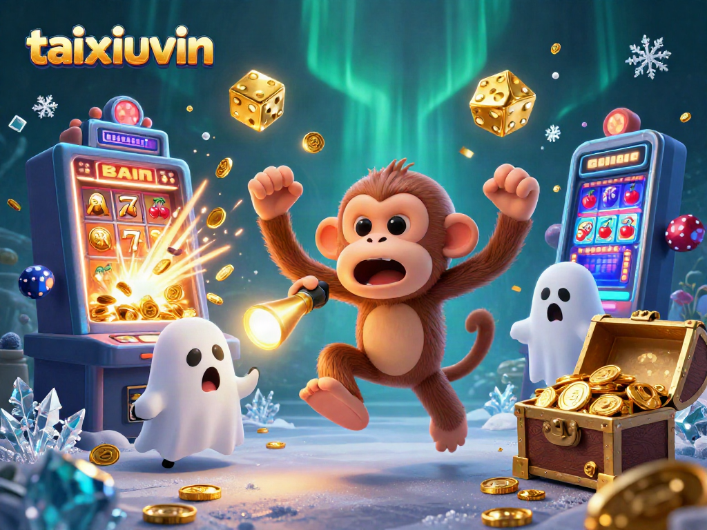 Spin winning slots at taixiuvin with a mystical monkey juggling golden coins in a vibrant haunted casino.