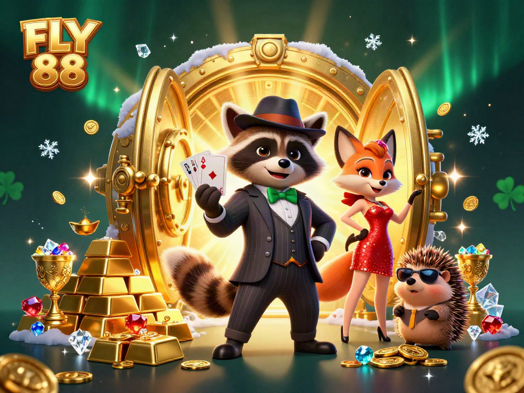 Experience the thrilling world of FLY 88 as a raccoon flaunts a royal flush among treasures and dazzling gems.