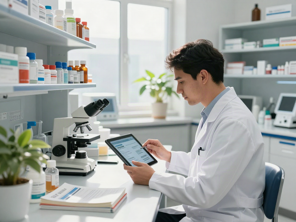 Uae pharmapedia reference scene with pharmacist and medications in modern workspace.