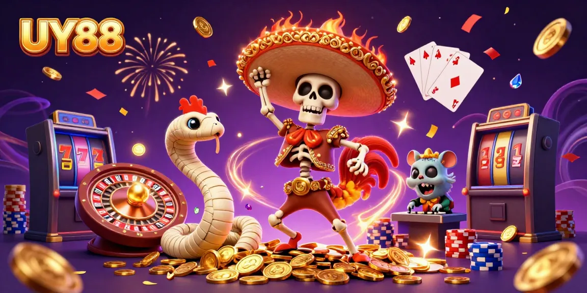 Experience thrilling wins with UY88 featuring a lively mariachi rooster and exciting casino elements.