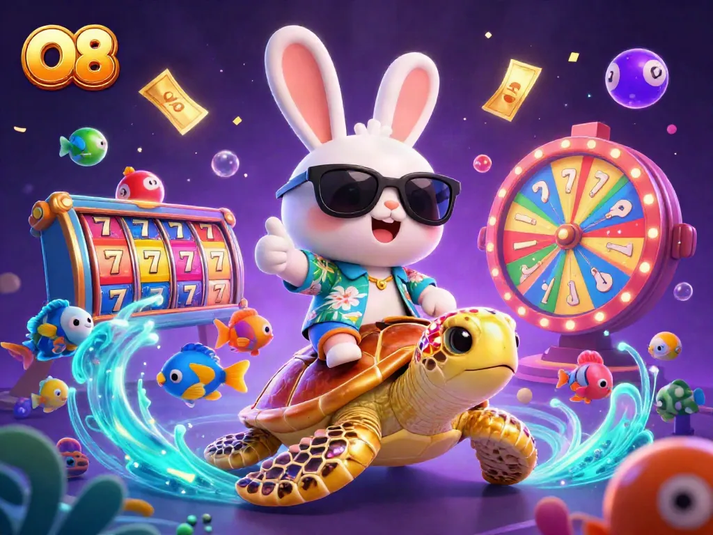 O8 offers engaging gaming with a lucky rabbit and sea turtle in a vibrant 3D illustration.