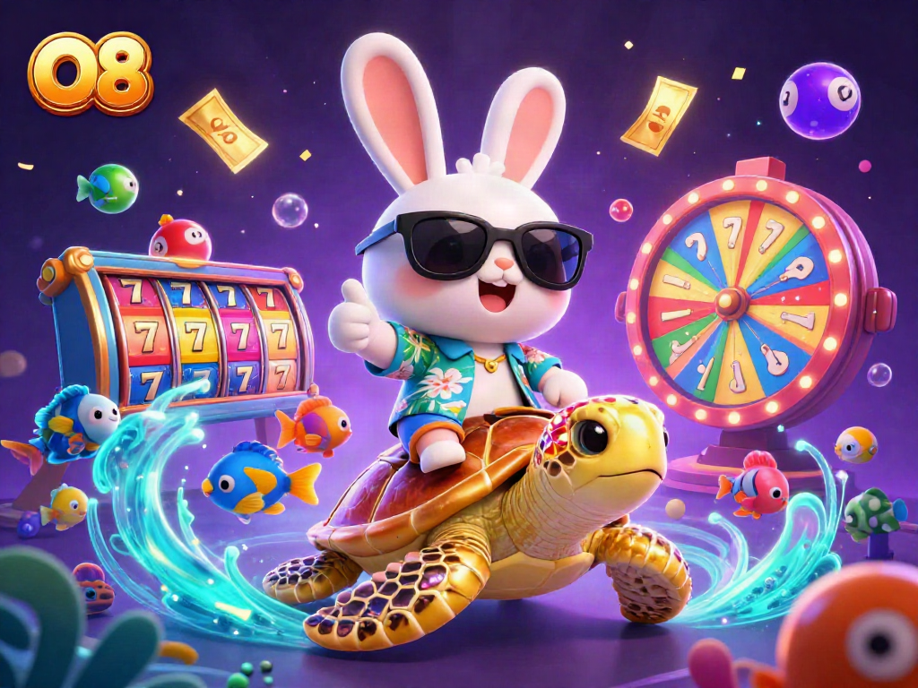 O8 offers engaging gaming with a lucky rabbit and sea turtle in a vibrant 3D illustration.