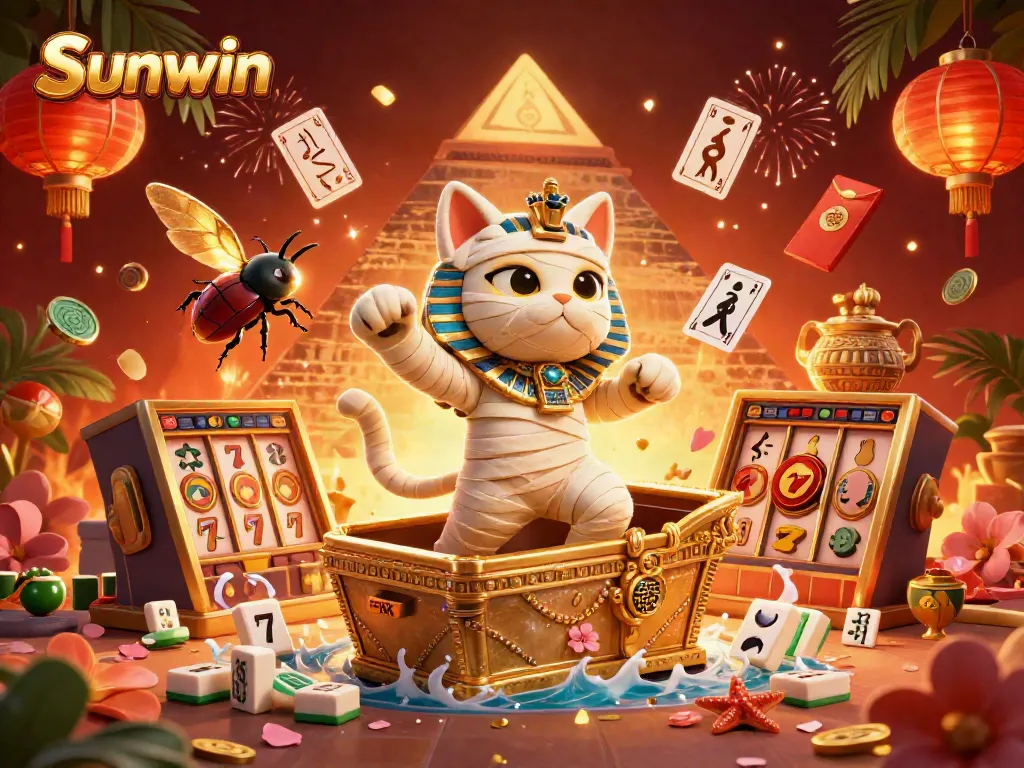 Experience the thrill of Sunwin with a vibrant 3D illustration of a casino mummy cat and gold elements.