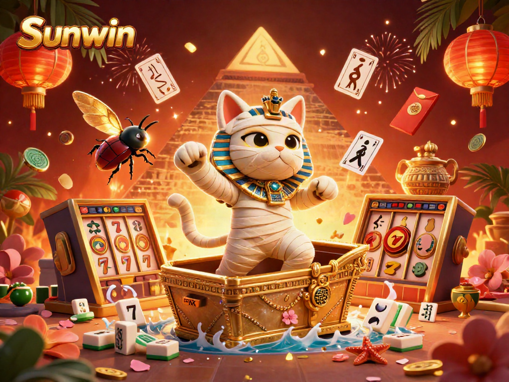 Experience the thrill of Sunwin with a vibrant 3D illustration of a casino mummy cat and gold elements.