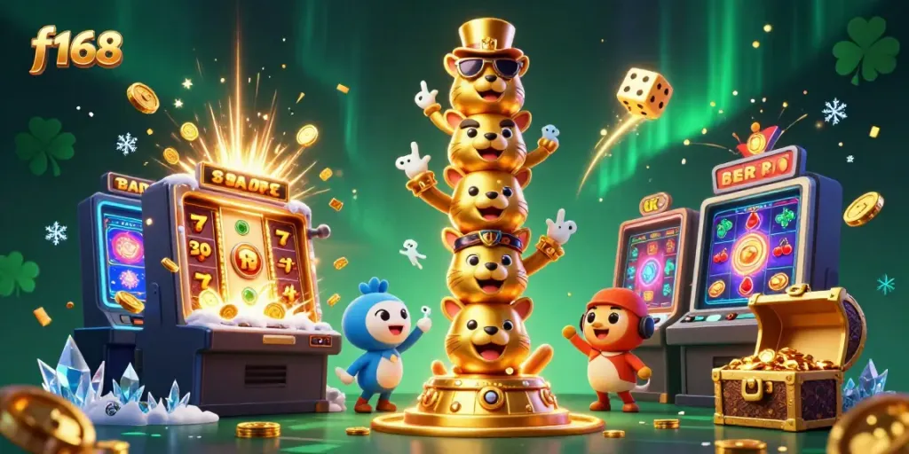 Experience the excitement at f168 with a vibrant 3D casino scene featuring a golden totem and jackpot symbols.