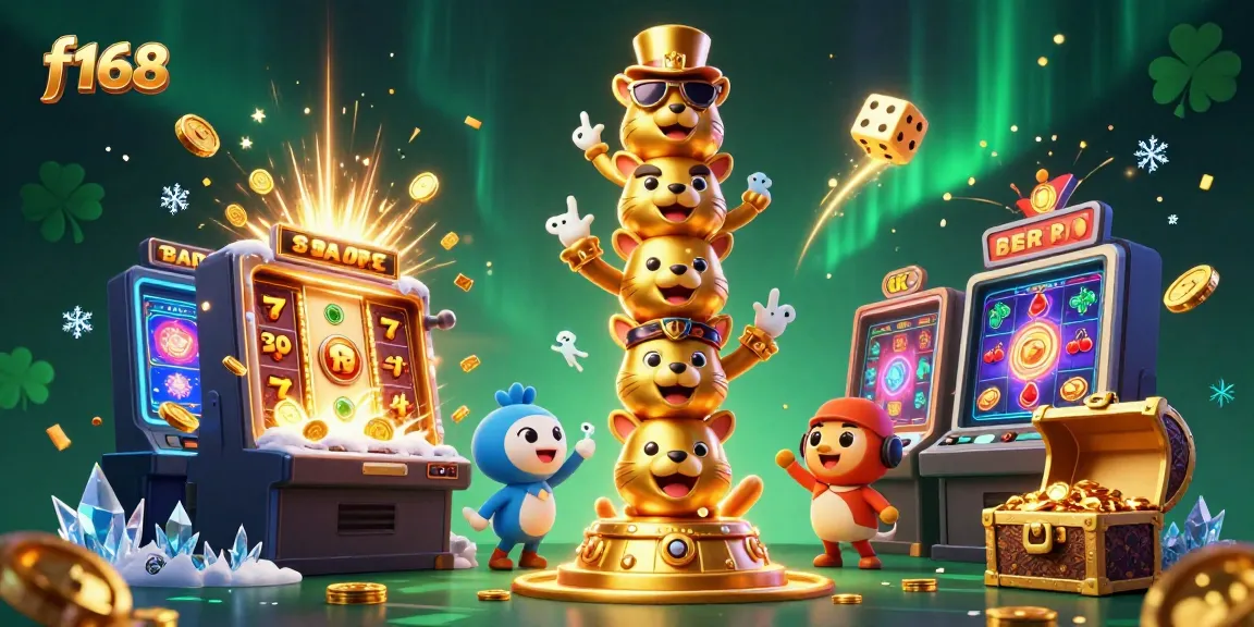 Experience the excitement at f168 with a vibrant 3D casino scene featuring a golden totem and jackpot symbols.