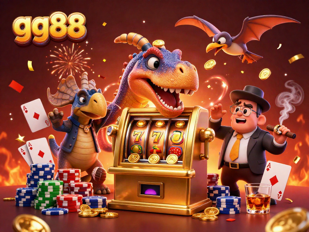 gg88 jackpot scene featuring pachycephalosaurus, a golden slot machine, and flying coins.