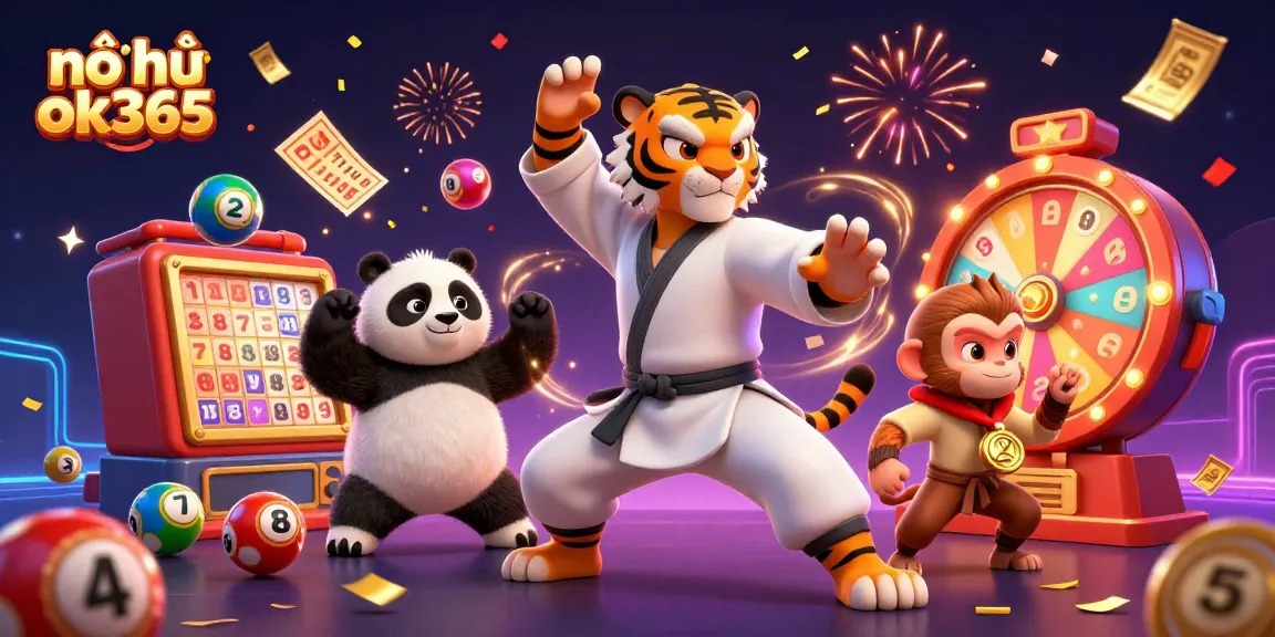 Experience nổ hũ ok365 as the kung fu tiger and friends spin slots in vibrant celebration.