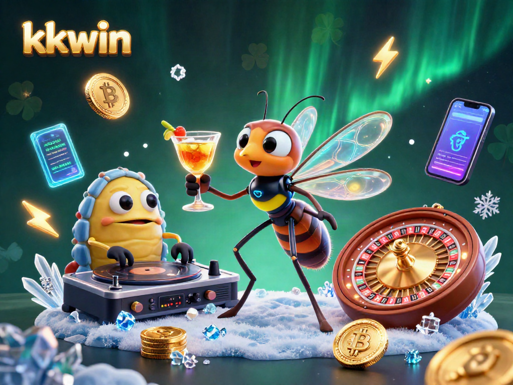 Engage with kkwin's unique casino scene, showcasing characters and crypto gambling elements.